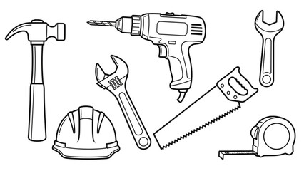 Fototapeta premium High-Quality One-Line Vector Icons of Hammer, Drill, Wrench, Saw, Helmet, and Measuring Tape, Minimalist Black and White Illustration of Essential Construction Tools and Site Equipment