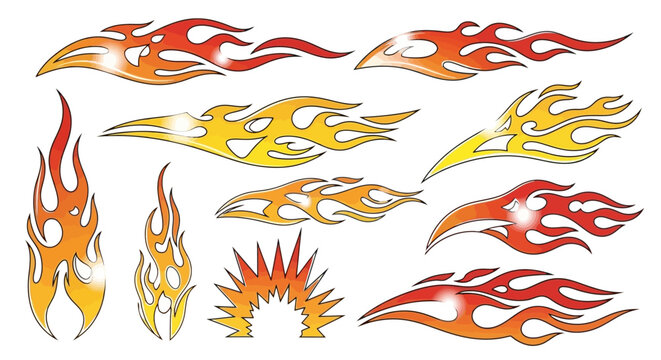 Collection of flame designs in various shapes and colors.