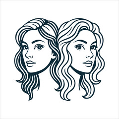 Hand-drawn twin female faces in vintage engraving style with elegant monochrome lines. Classic Gemini zodiac sign illustration. Perfect for logo, tattoo, and horoscope design. Part of set.
