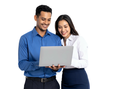 Smiling man and woman looking at laptop together, business attire, against black