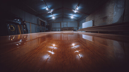 woodwork. A beautifully crafted wooden table with a smooth, reflective varnished surface. product launch decks, UI/UX mockups, designed for data visualization dashboards and holographic UIs.
