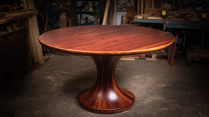 woodwork. A beautifully crafted wooden table with a smooth, reflective varnished surface. product launch decks, UI/UX mockups, designed for data visualization dashboards and holographic UIs.
