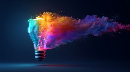 Rainbow glow light bulb bursts into vibrant paint powder with neon trails on a dark background