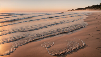 Golden hour light on calm beach waves