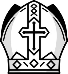 Obraz premium Geometric Bishop Mitre Vector Icon – Black and White Catholic Cross Ceremonial Hat Outline