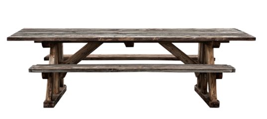 Rustic wooden picnic table, weathered planks, sturdy construction. Isolated on black background
