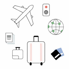 Collection of travelrelated icons including airplane luggage passport and globe.