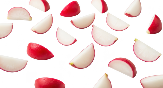 Fresh Radish Slices on White A Vibrant Culinary Ingredient Displayed in Isolation