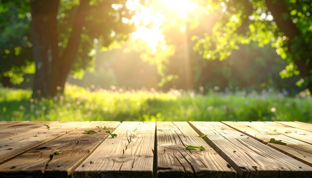 Wooden table foreground, soft focus sunlit forest background