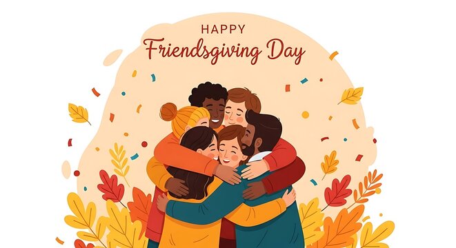 Happy friendsgiving day illustration with diverse friends hugging