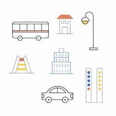 Minimalist Urban Icons Bus Car Buildings and Street Lamp.