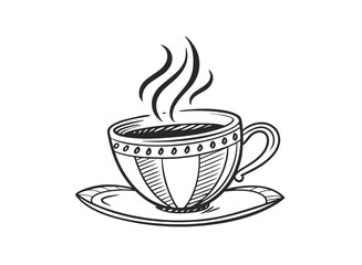 Steaming hand-drawn coffee cup and saucer doodle with decorative stripes and dots, black and white line art sketch.
