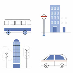 Simple Flat Design Icons of Urban Elements Bus Buildings Streetlight and Car.