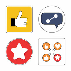 Social Media Interaction Icons Set ThumbsUp Share Star and Reaction Magnifying Glasses.