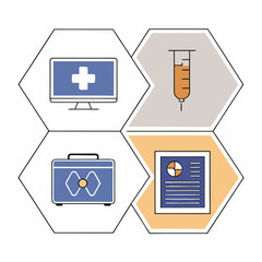 Modern Medical and Healthcare Icons Set with Computer Syringe First Aid Kit and Report in Hexagonal Grid.