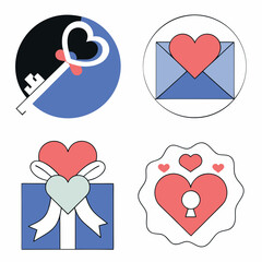 Valentines Day Icons Key Letter Gift and Heart Lock.