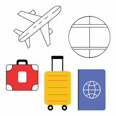 Travel Icons Airplane Globe Suitcases and Passport.