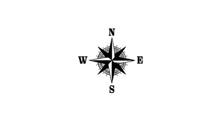 Classic black and white compass rose with cardinal directions N, S, E, W, representing navigation, travel, exploration, and guidance.