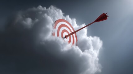 Red Bullseye Target Surrounded by White Clouds with Arrow Symbolizing Precision and Achievement in a Dreamlike Sky Environment