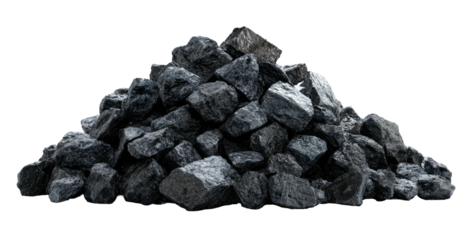 Dark, textured pile of rough-hewn, irregularly shaped, gray and black geological material