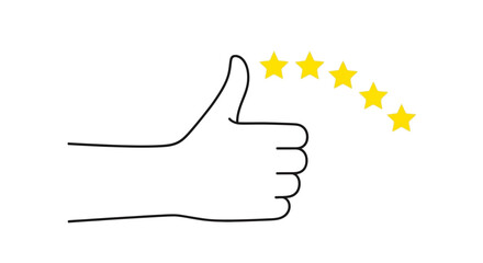 A simple line drawing of a hand giving a thumbs up with five yellow stars arcing above it.