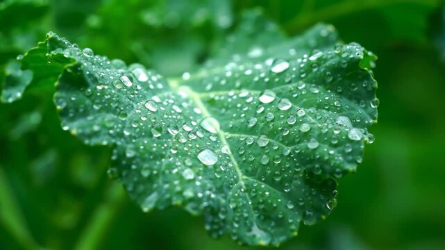 Fresh green leaf covered with dew drops in a natural garden setting