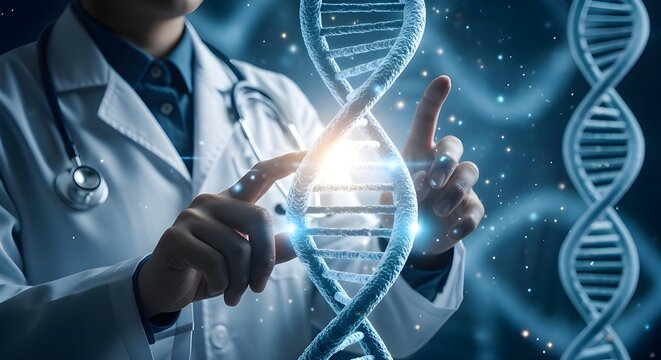 Doctor examining glowing dna helix with futuristic technology in a science laboratory - Powered by Adobe