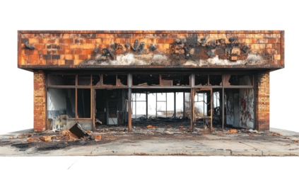 Burned-out brick building, windows shattered, scorched and decaying facade