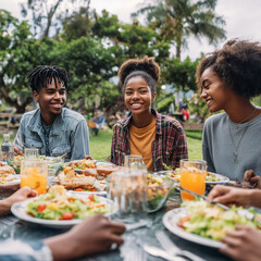 Friends enjoy a lively outdoor meal in a lush garden setting during a sunny afternoon
