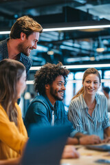 Team collaboration in a modern office during a late afternoon meeting with cheerful discussions and creative brainstorming