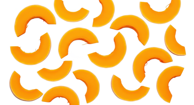 Bright orange crescent-shaped squash slices scattered artfully across a clean white backdrop