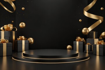 A stylish black and gold background featuring beautifully wrapped presents and festive ribbons. Perfect for Black Friday sales promotions and holiday themed designs.