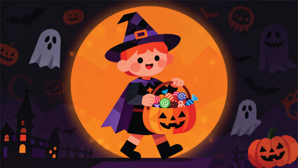 Illustration Of A Child Carrying A Basket Full Of Halloween Candy Vector Design Template
