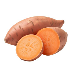 Fresh Sweet Potatoes Displayed Whole and Sliced on White