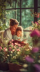 Mother and daughter enjoying a story together in a sunlit garden filled with flowers on a warm afternoon