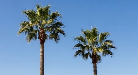 Obraz premium Palm trees against a clear blue sky in summer.