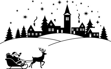 Black and White Christmas Village with Santa Sleigh and Reindeer Vector Illustration