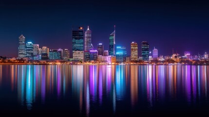 Fototapeta premium Vibrant City Skyline Reflection at Night with Colorful Lights and Calm Water Surface in Urban Landscape, Perth Australia