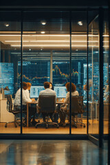Team gathers in a modern office for a strategy meeting with data screens in the background during evening hours