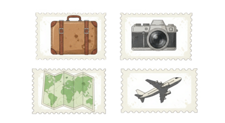 Travel-themed postage stamps featuring a vintage suitcase, camera, map, and airplane illustration