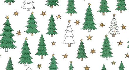 A festive seamless pattern featuring green and white Christmas trees with golden stars on a clean white background.