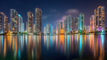 Fototapeta premium Stunning Cityscape at Night with Reflections on Water and Illuminated Skyscrapers Showcasing Modern Urban Architecture in a Vibrant Metro Area