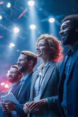 Group of professionals enjoying an event with bright stage lights in an indoor venue at night