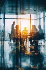 Team meeting in a high-rise office during sunset with city skyline reflection