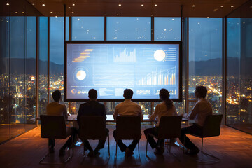 Team reviews data insights in a high-rise office with a city view at night