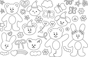Cute outlines of puppy, bunny, teddy bear, butterfly, flowers, stars, rainbow for kid colouring book, animal sketch, cartoon character, comic, zoo, pet shop, vet, happy easter, floral print, tattoo