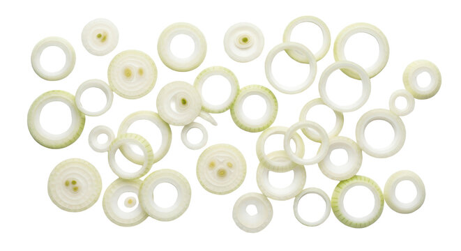 A culinary composition of freshly sliced raw white onion rings arranged in a scattered pattern, viewed from above and isolated on a clean white background