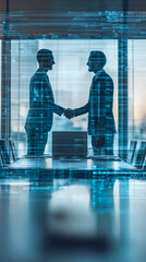 Business partnership agreement in a modern office during a sunset with digital overlays showing technology