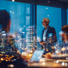 Business meeting in a modern office with a calm executive overlooking the city skyline at night