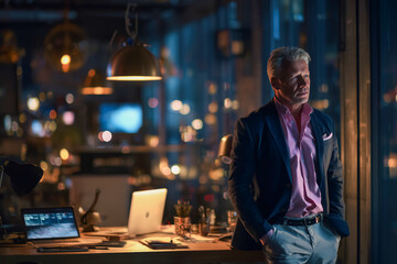 Business professional standing in a modern office with city lights during evening hours